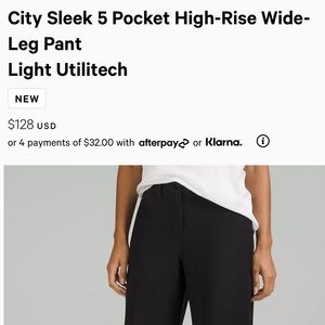 Lululemon City Sleek 5 pocket wide leg ulitech pant